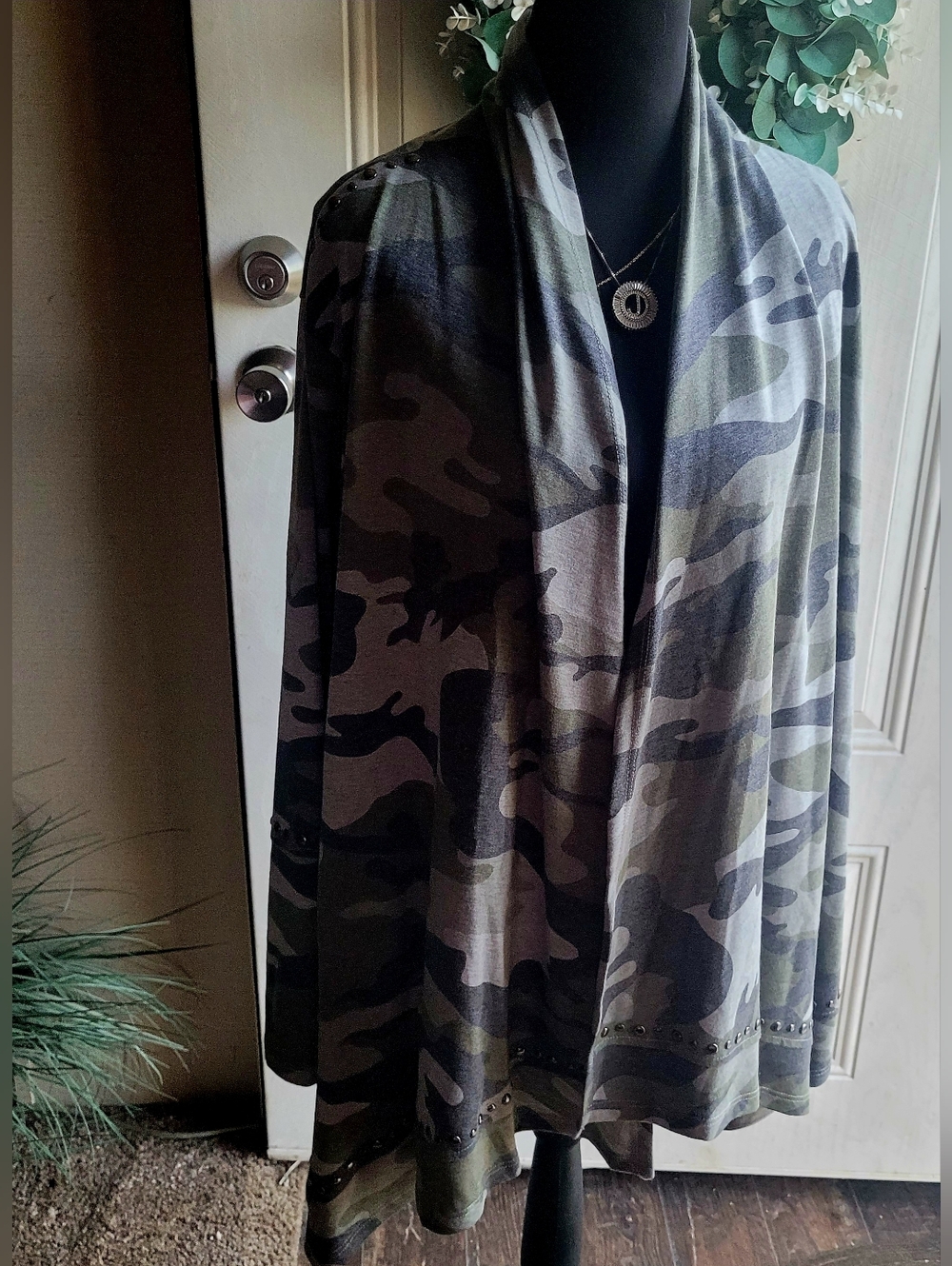 Cyrus Woman Knit Open Front Camo Cardigan